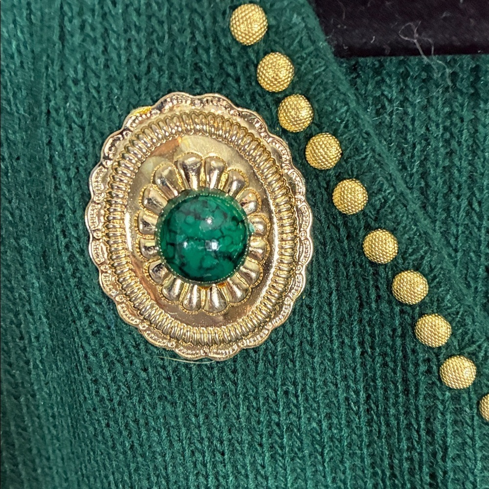 Vintage 90s Green Embellished Sweater XL Gold Studded V-Neck Retro - Picture 5 of 13